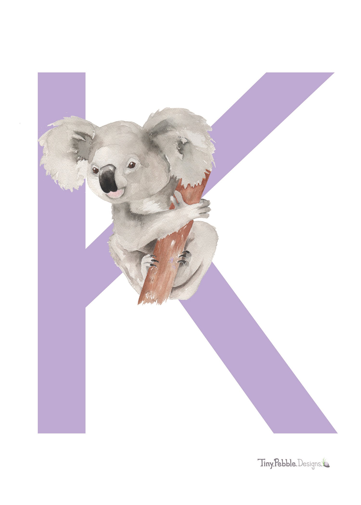 purple printed letter K with a watercolor painting of a koala.