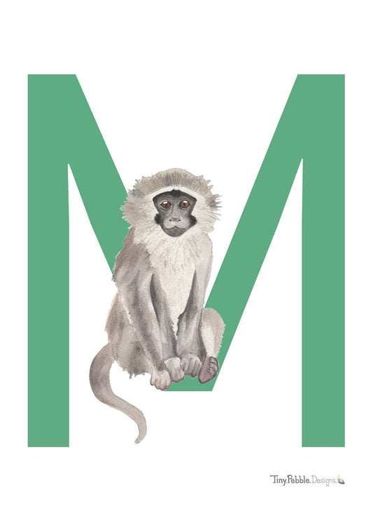 green printed letter M with a watercolor painting of a monkey.