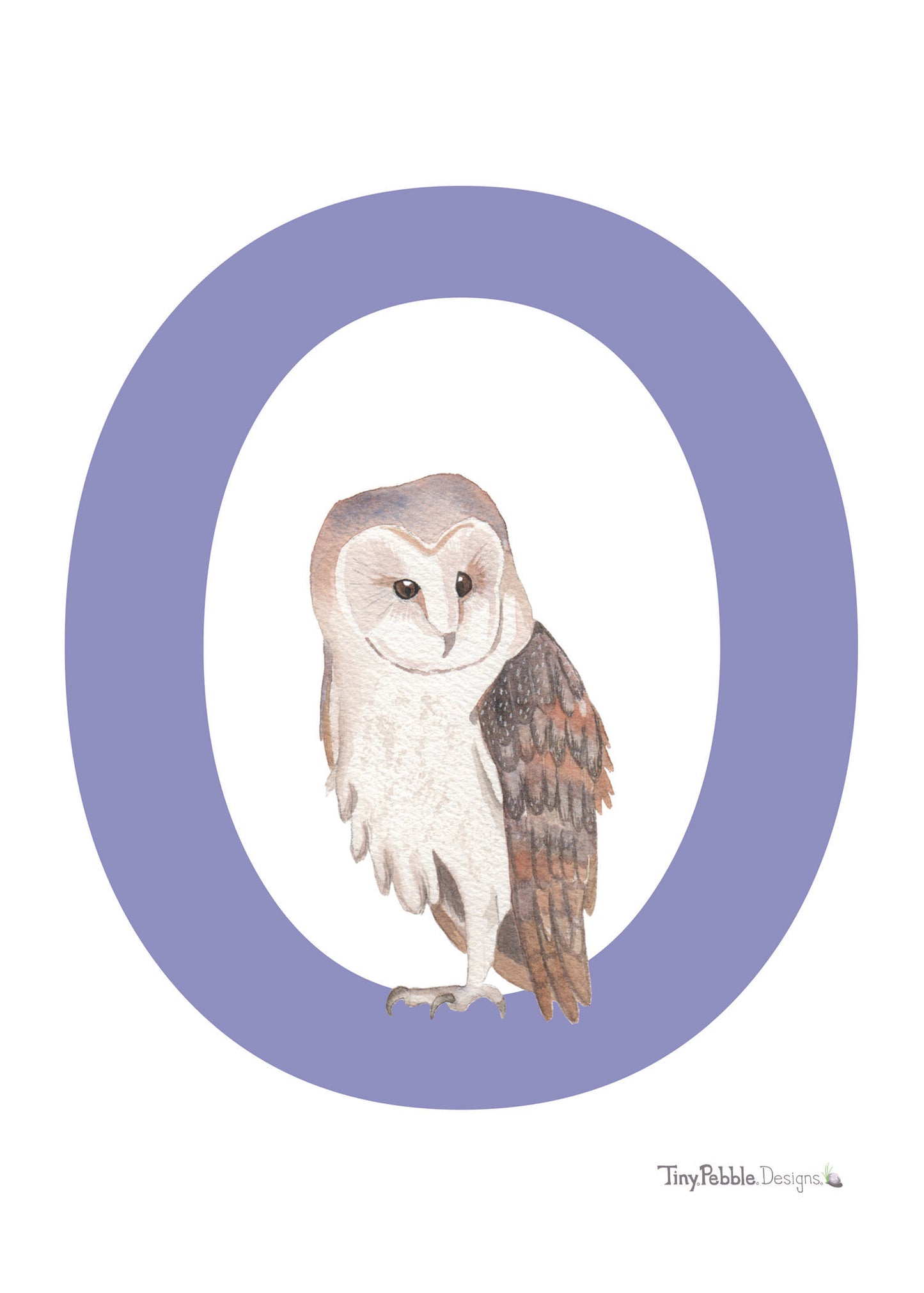 purple printed letter O with a watercolor painting of an owl. 