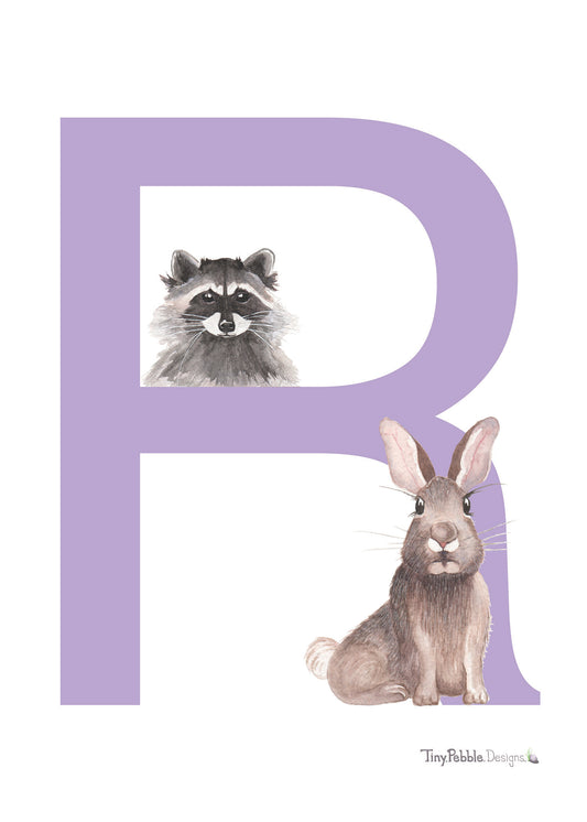 purple printed letter R with watercolor paintings of a raccoon and a rabbit. 