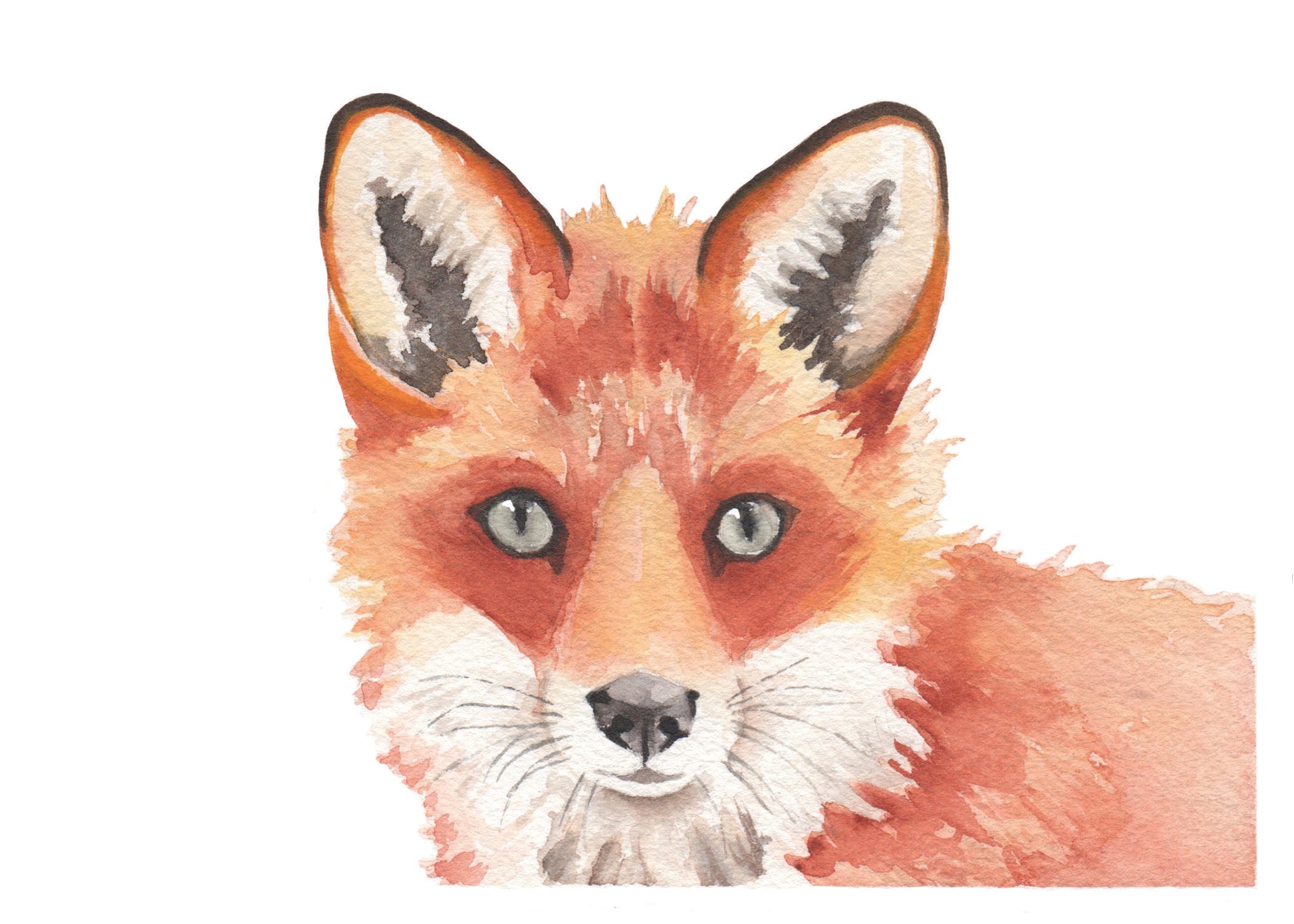 Watercolor painting of a red fox with pale green eyes.