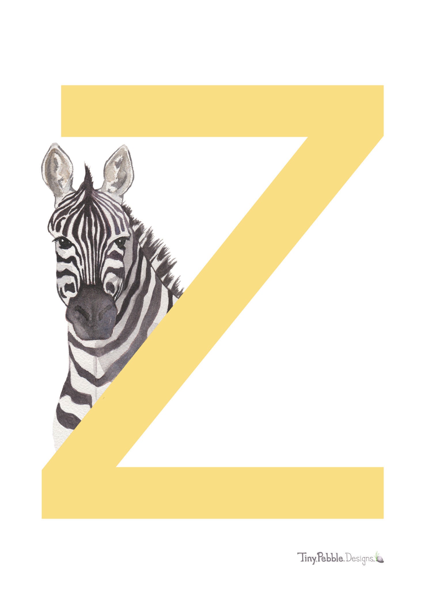 yellow printed letter Z with a watercolor painting of a zebra. 