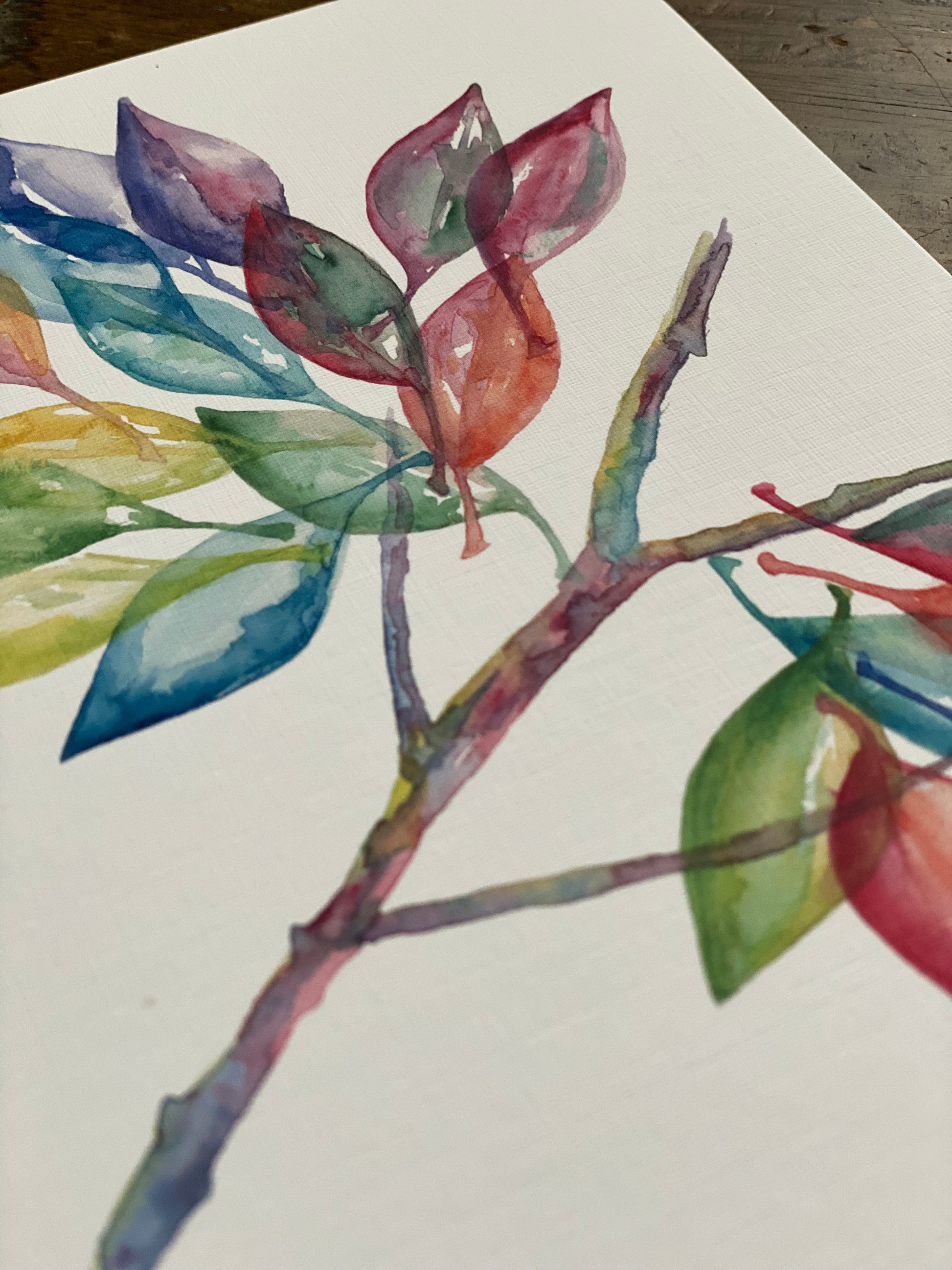 5x7 greeting card with a watercolor painting of multi-colored leaves on a branch. 