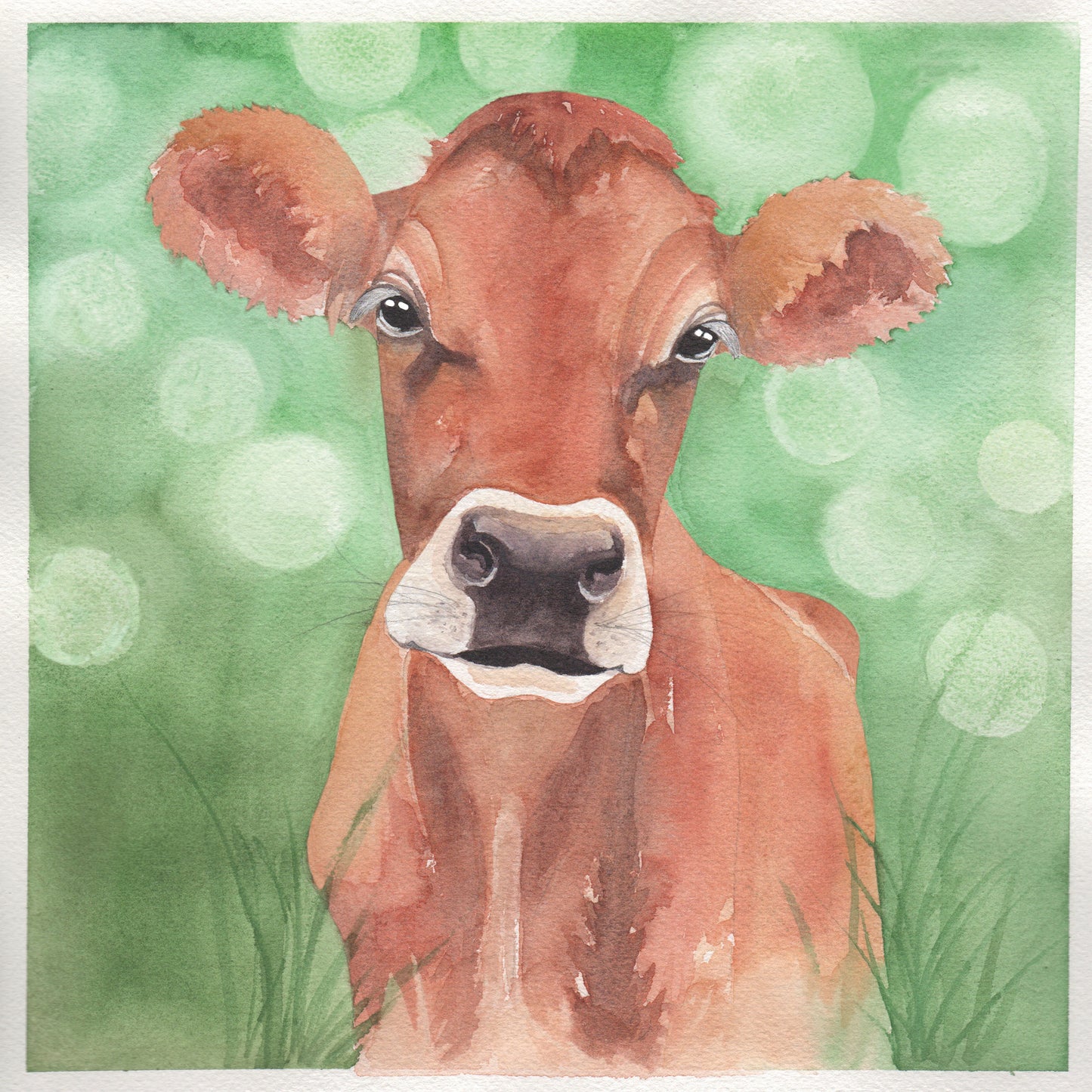 Watercolor painting of a jersey cow with a green painted background.