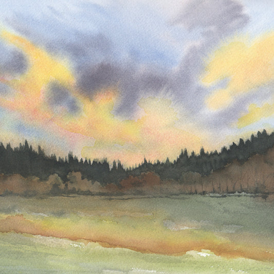 Landscape watercolor painting with a yellow and pink sky and trees in the foreground.
