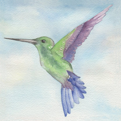 watercolor painting of a hummingbird in flight with a blue sky background. 