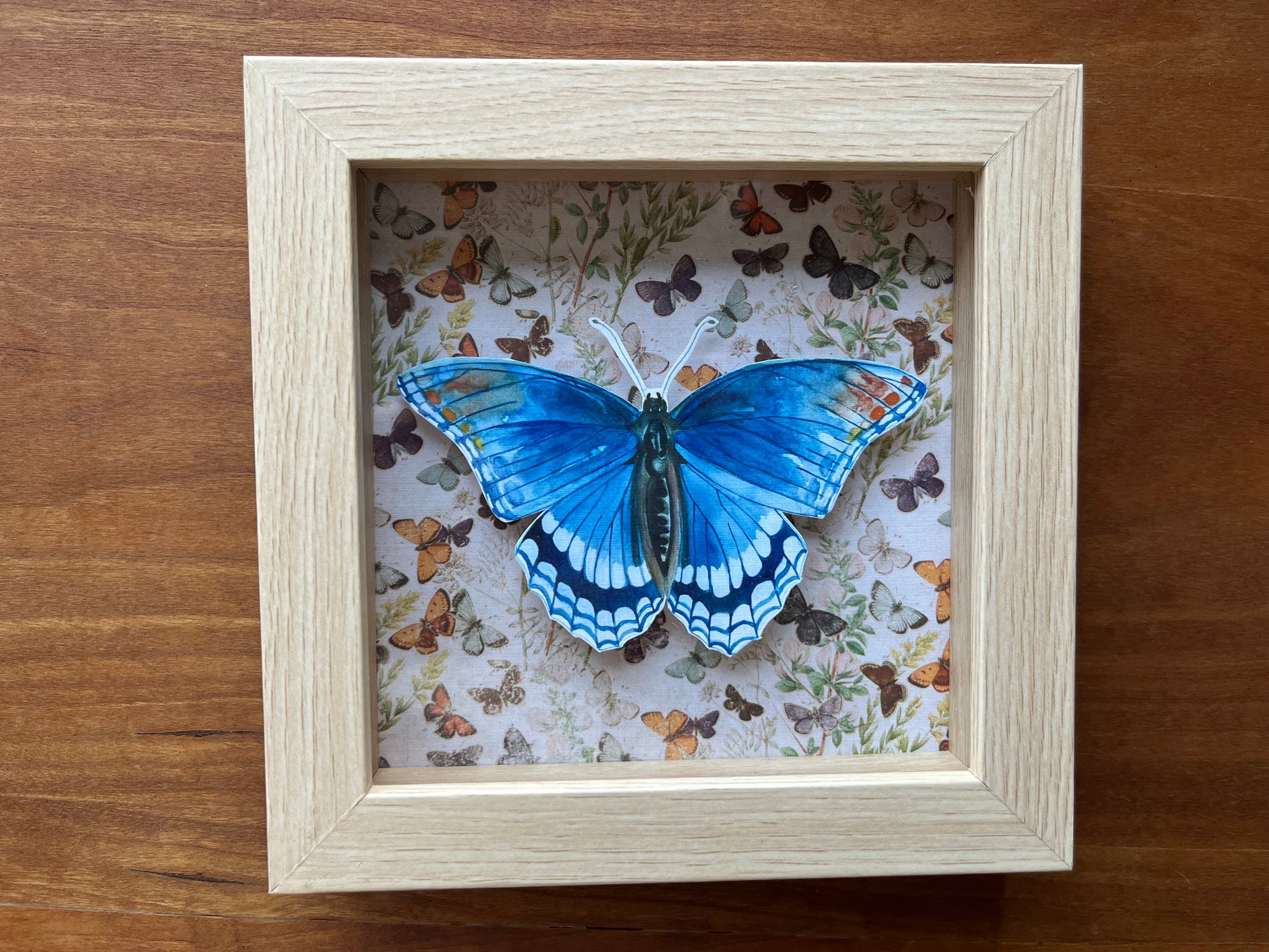 Shadowbox with a watercolor painted red spotted purple butterfly. 