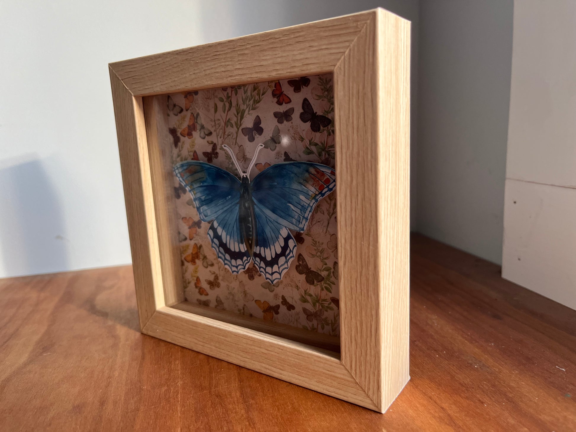 Shadowbox with a watercolor painted red spotted purple butterfly. 