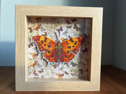 A shadowbox frame with a watercolor painting of an orange question mark butterfly.