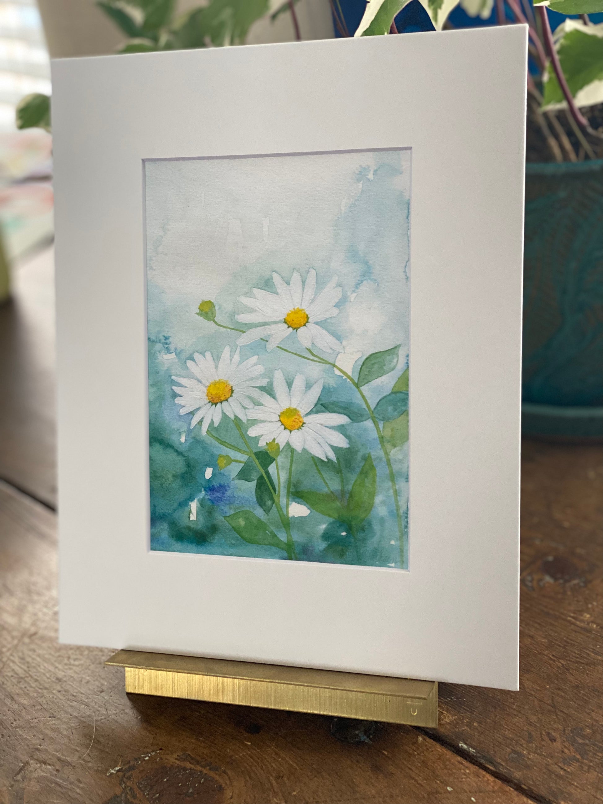 matted print of daisies in bloom displayed on gold picture holder. 