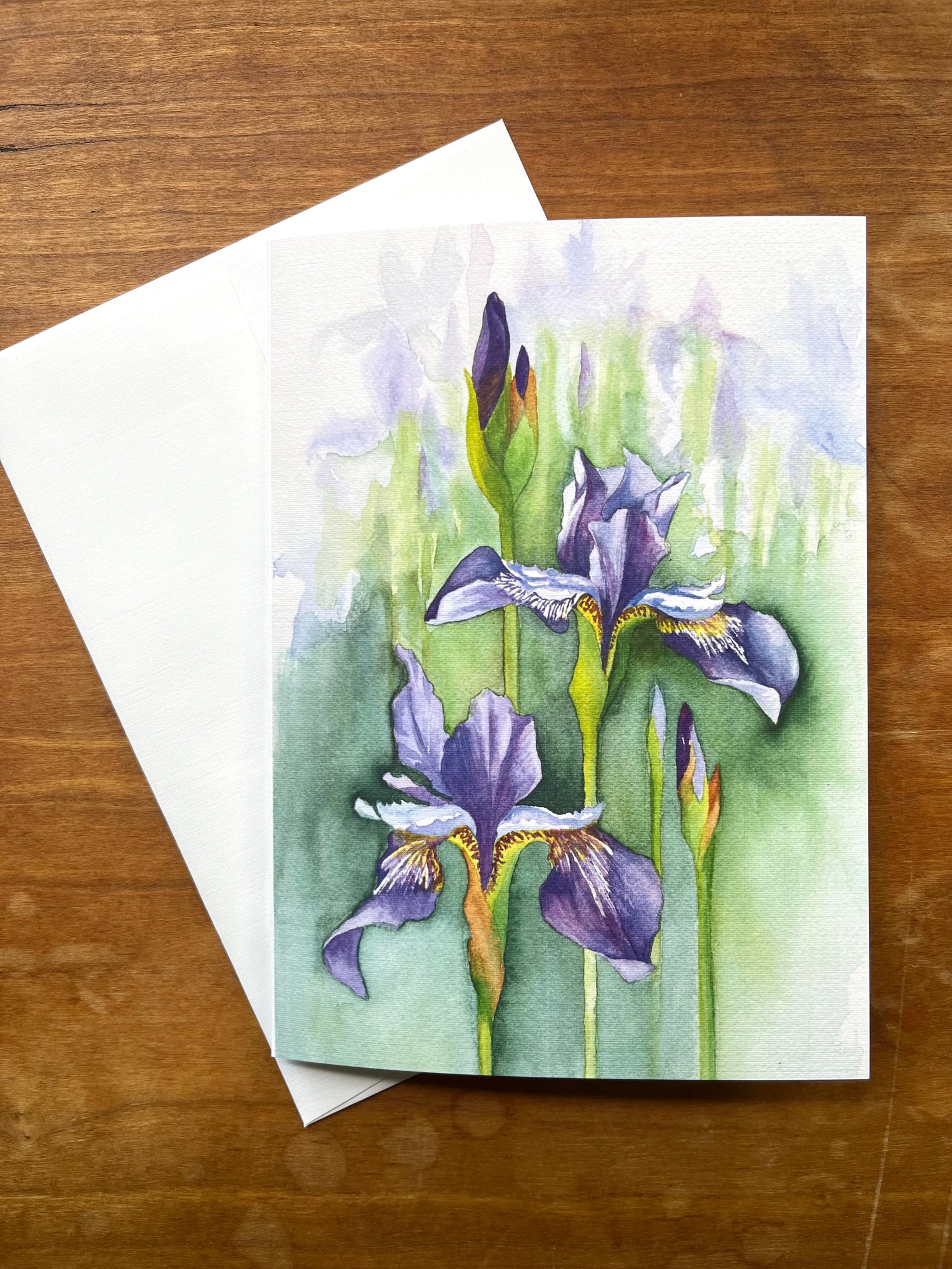 5x7 greeting card with a painting of purple iris flowers. 