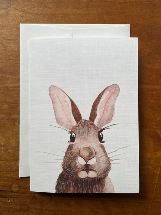 Greeting card with a watercolor painting of a rabbit. 