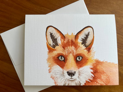 Greeting card and envelope with a watercolor painting of a red fox. 