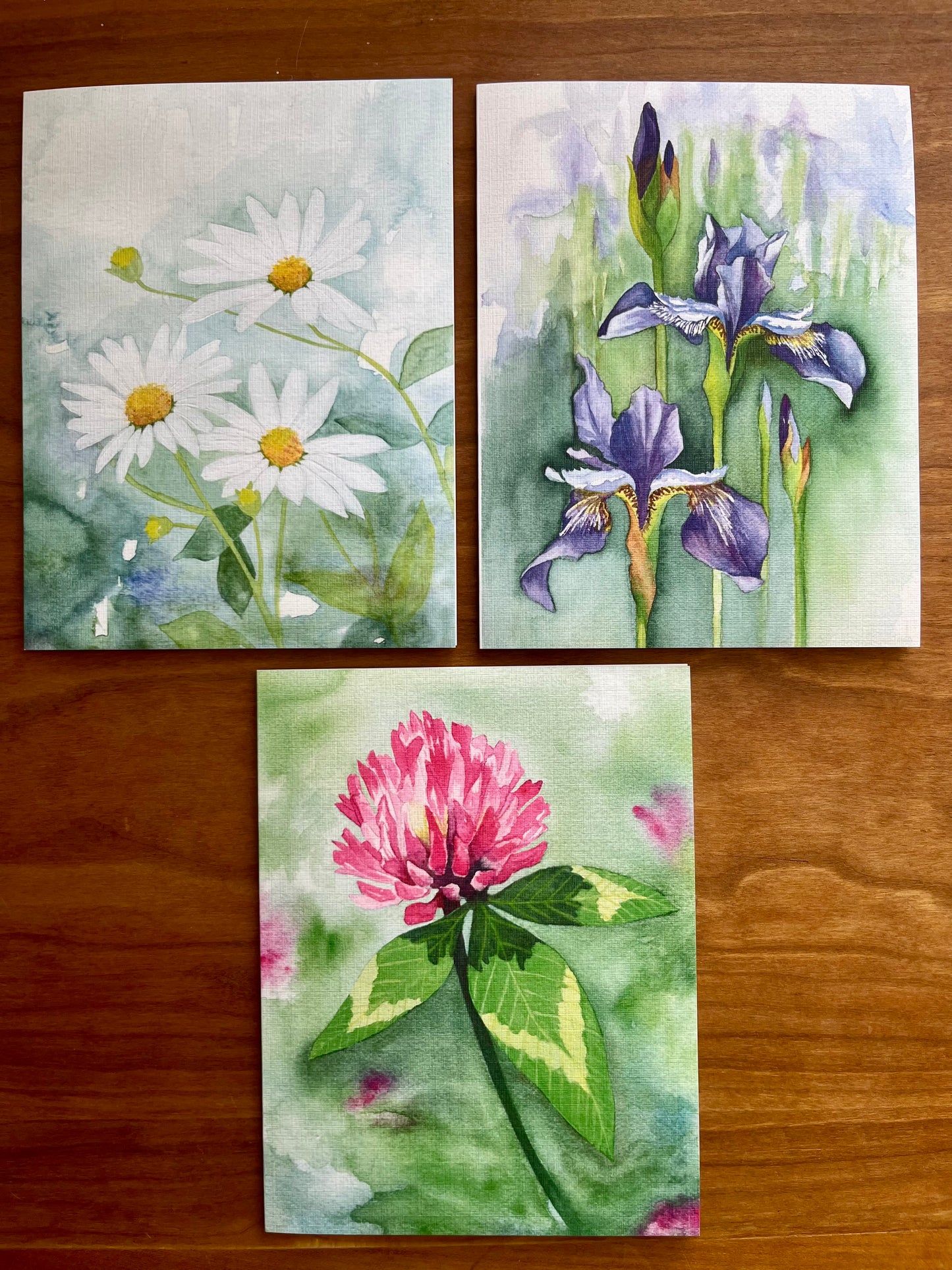 Set of three greeting cards with watercolor paintings of daisies, irises, and red clover. 