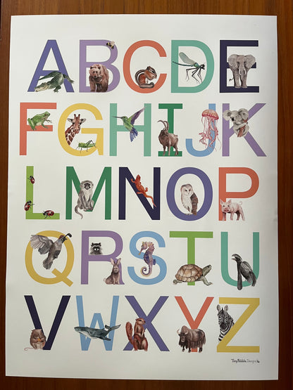 Poster of an animal alphabet with watercolor painted animals for each letter. 