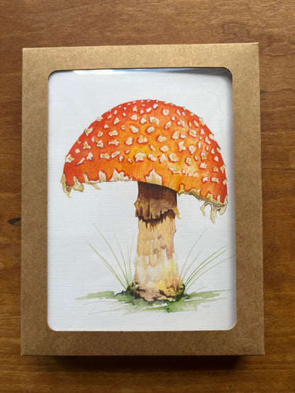 pack of four greeting cards with a watercolor painting of a large, orange mushroom. 