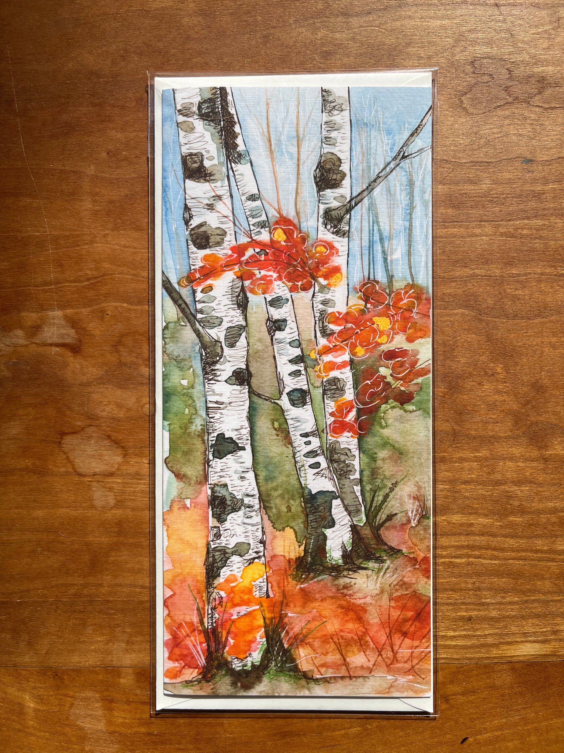 4x greeting card with a watercolor painting of birch trees and fall foliage. 