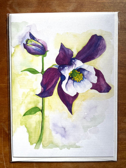 5x7 greeting card with a watercolor painting of a purple columbine flower. 