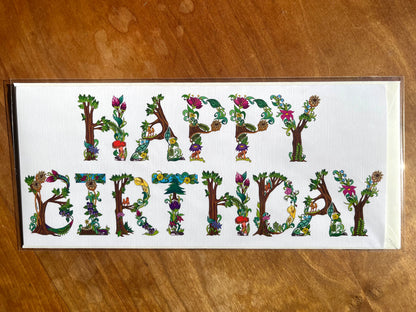 Greeting card spelling out happy birthday in botanical letters.