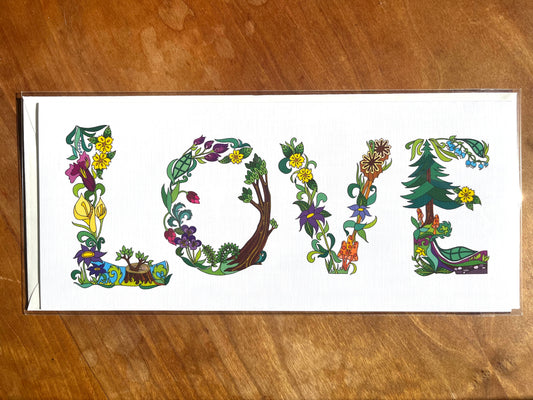 greeting card with botanical letters spelling out the word love.