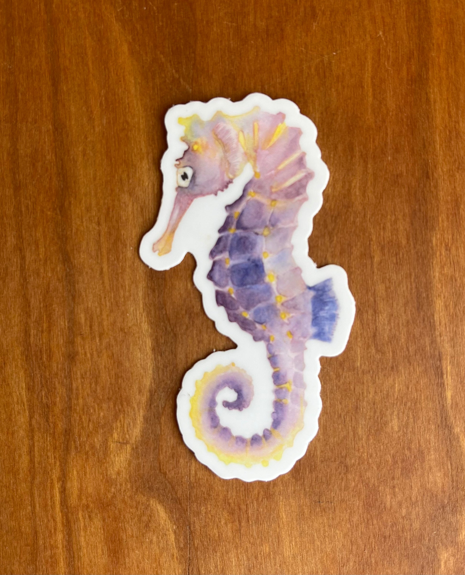 sticker with a watercolor painting of a seahorse.