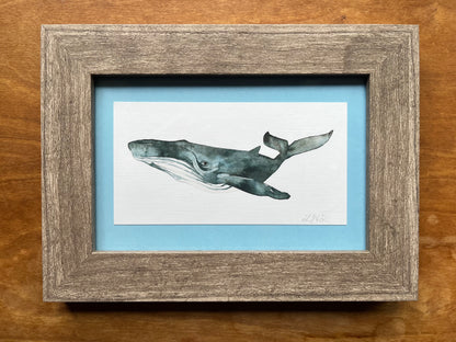 Watercolor whale in a grey wood frame with a light blue matte. 