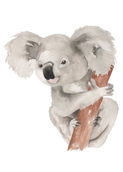 watercolor painting of a koala holding onto a tree limb..