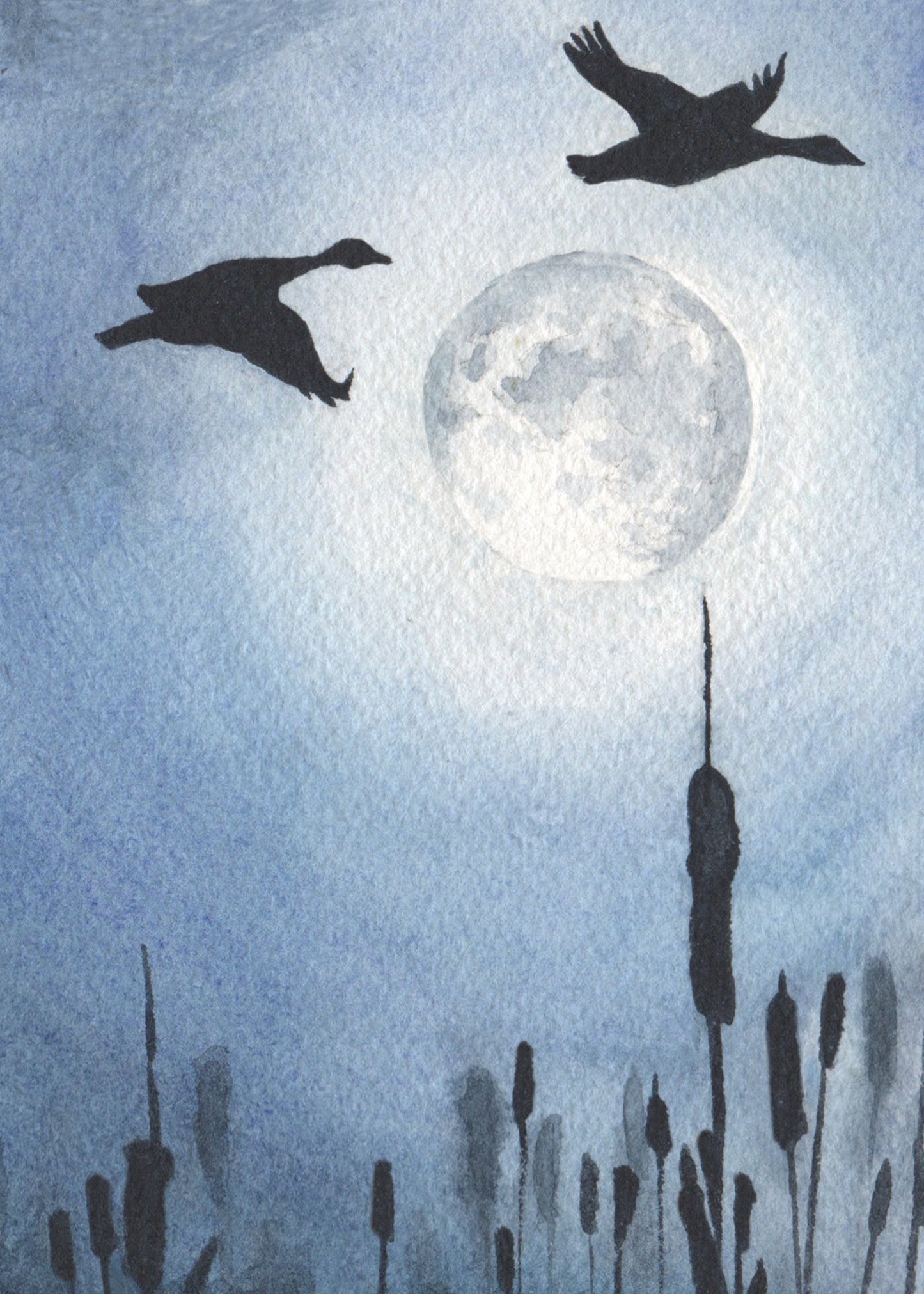 Watercolor painting of two silhouetted geese flying at night over a full moon.