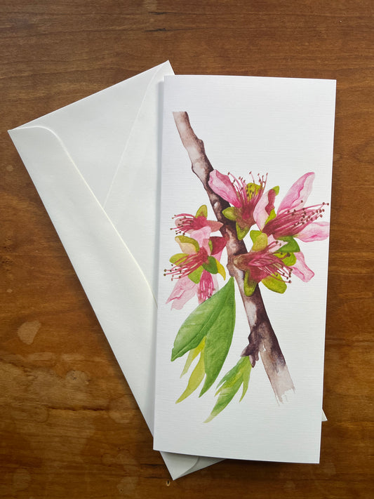 Greeting Card with watercolor painting of peach blossoms. 