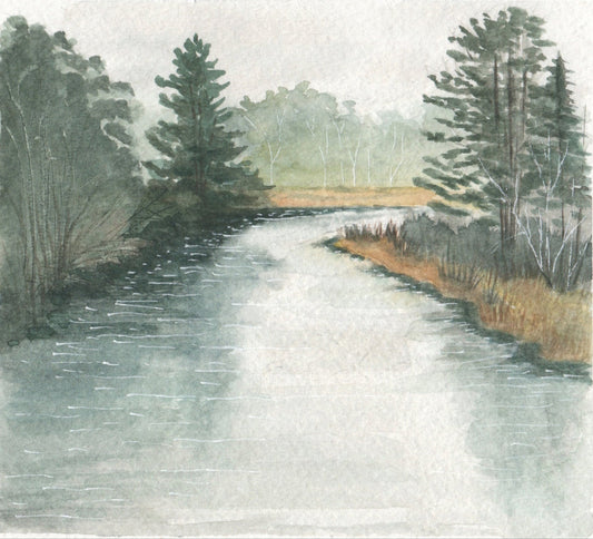Watercolor painting of a river with trees in the background